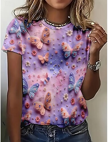  Women's T Shirt Summer Tops Graphic Butterfly Classic Casual Short Sleeve Crew Neck Crop Tops Daily Weekend Print Rainbow Summer Spring Fall