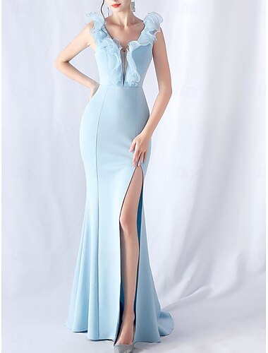  Sellő  Trombitás Quinceanera ruhák Elegáns Ruha Esküvő Esküvői Vendég Padló Hosszú Ujjatlan V Nyak Spandex Ruffled-del