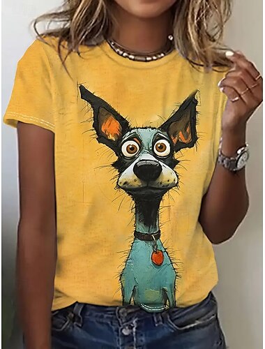  Dame T-shirt Sommertoppe Grafisk Hund Klassisk Afslappet Kortærmet Rund hals Crop Tops Daglig Weekend Trykt mønster Regnbue Sommer Forår Efterår