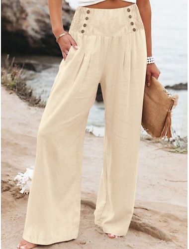  Vrouwen Katoen Linnen Wijde Pijp Effen Kleur Chino's Baggy Broek Basis Casual Volledige Lengte Hoge Taille Effen Elastische Taille Comfortabel Zacht Comfortabel Micro-elastisch Buiten Straat Strand