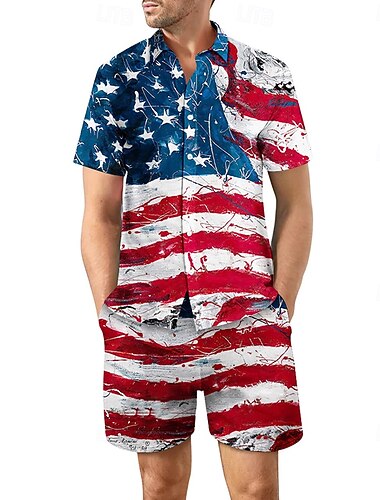  Jour de l'Indépendance Américaine Homme Drapeau Américain 2 pièces Ensembles de chemises Ensemble Chemise Manche Courte Pantalon court Col Rabattu Occasionnel Extérieur Occasionnel Quotidien