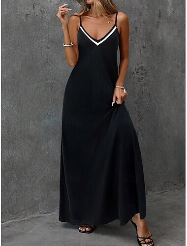 Robe Maxi Femme Robe A Ligne Robe de Plage Uni Robe de Glissement Vacances Décontractée Quotidiennes Ajustement Normal Graphique Color Block Sans Manches Col V Noir Été Printemps