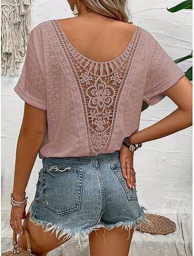  Damen T Shirt Einfach Mode Modern Kurzarm Rundhalsausschnitt Normale Oberteile Täglich Patchwork Bestickt Lochmuster Weiß Rosa Dunkelgrün Grün Beige Sommer