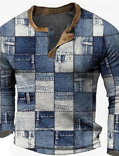  Hombre Graphic Plaid Henley Shirt Camiseta de gofres Manga Larga Impresión 3D Design Casual retro de la vendimia Deporte Festivos Festival Primavera & Otoño Bleu Ciel Azul Marino Azul Real Azul