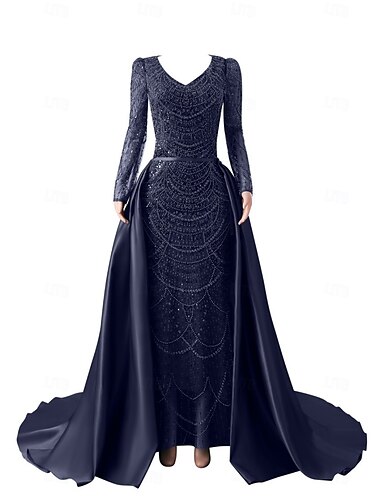 Abito da sera sirena  tromba elegante abito formale da festa serale traino corti a maniche lunghe scollo rotondo in pizzo con perle paillettes