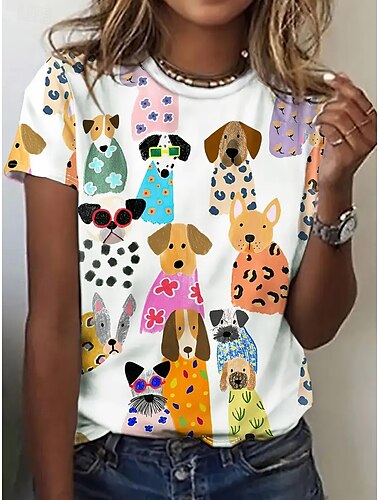  Women's T Shirt Summer Tops Graphic Dog Classic Casual Short Sleeve Crew Neck Crop Tops Daily Weekend Print Rainbow Summer Spring Fall