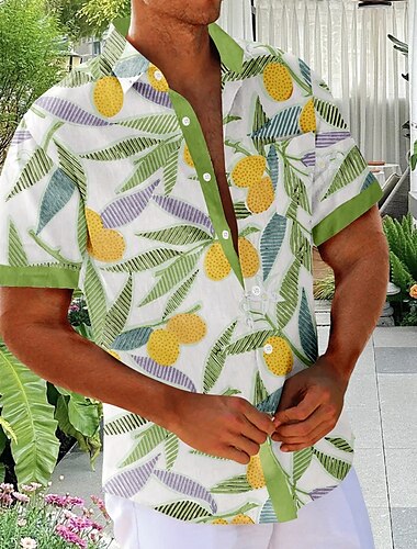  Herren Frucht Pflanzen Tropisch Hemd Sommer Hawaiihemd Knopfhemd Kurzarm Hawaiianisch Urlaub Ferien Strandbekleidung Sommer Umlegekragen 3D-Druck Eine Tasche vorne Leinenähnliches Hemd Schwarz Weiß