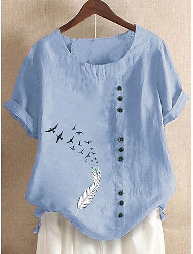  Camicetta da donna in 100% cotone, con stampa animalier, vintage, casual, a maniche corte, girocollo, regular, per tutti i giorni, per uscire, con bottoni, bianca, verde chiaro, rosa, blu, viola, estate, primavera.