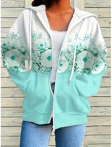  Damen Übergroße Hoodies mit Reißverschluss Blumen Aktiv Vintage Sport Langarm Mit Kapuze Normale Oberteile Lässig Ferien Reißverschluss Kordelzug Fronttasche Rosa Blau Fuchsie Grün Frühling Herbst