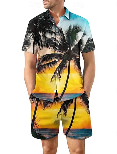  Herren Palme 2St Hemden-Sets Sommer Hawaiihemd Kurzarm Kurze Hosen Umlegekragen Lässig Strandurlaub Lässig Täglich Urlaubskleidung 3D-Druck Sommer Rubinrot Grün