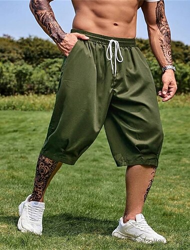  Herr Capribyxor Sommarshorts Casual shorts Ficka Snörning Elastisk midja Slät Komfort Andningsfunktion Vadlängd Utomhus Semester Sport Ledigt Svart Armégrön
