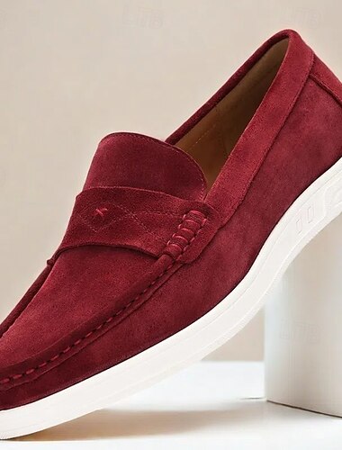  Mocasines de piel de vacuno de primera calidad en color burdeos para hombre, diseño minimalista elegante para uso informal y de oficina