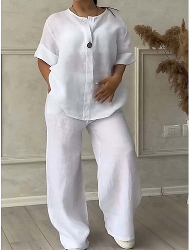  Ensemble Femme en Coton Lin 2 Pièces Coton Lin Élégant Mode Streetwear Chemise Blouse Manches Courtes Col Chemise Couleur Unie Extérieur Travail Décontracté Blanc Rose Vert Armée Été Coupe Régulière