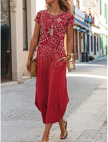  Femmes Robe maxi Robe T-Shirt Robe d'été Occasionnel Quotidien Coupe régulière Graphique Paisley Manche Courte Col ras du cou Rouge Été