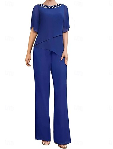  Hosenanzug Brautmutterkleid Hochzeitsgast Elegant Einfach Quadrathals Bodenlang Polyester Kurzarm mit Einfarbig 2025
