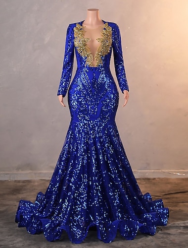  Meerjungfrauenschnitt Abiballkleider Elegant Kleid Abschlussball Geburtstag Hofschleppe Langarm Rundhalsausschnitt Paillettenbesetzt mit Paillette Applikationen 2025