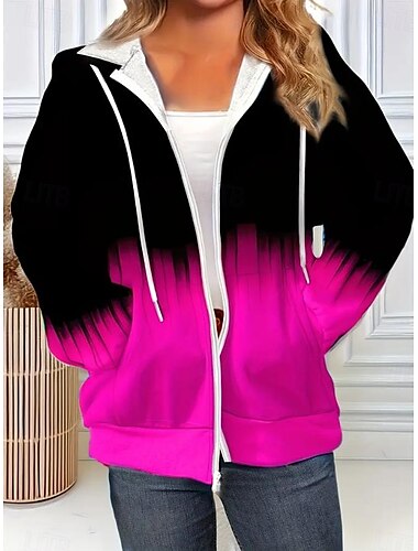  Damen Übergroße Hoodies mit Reißverschluss Geometrisch Vintage Sport Streetwear Langarm Mit Kapuze Normale Oberteile Lässig Ferien Reißverschluss Kordelzug Fronttasche Schwarz Rote Blau Fuchsie