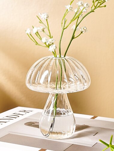  Vase en verre transparent en forme de champignon, récipient pour composition florale d'intérieur, pièce maîtresse confortable pour la maison et la salle à manger, adapté aux fleurs, aux plantes vertes