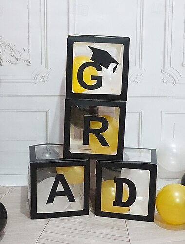  Abschlussdekorationen Klasse von 2025, 4 Stück schwarze Ballonboxen für die Abschlussfeier 2025 mit den Buchstaben „Grad“, 2025 für Vorschule, Kindergarten, High School, College, Abschlussfeier,