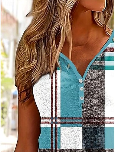  Damen Camisole-Tanktop Grafik Geometrisch Karomuster Lässig Ärmellos Einkerbiger Ausschnitt Normale Oberteile Täglich Knöpfe Druck Blau Sommer