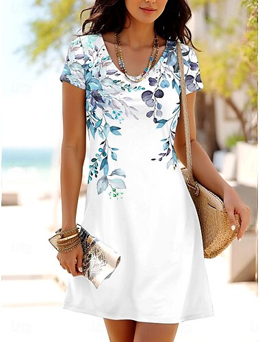  Damen Minikleid T-Shirt-Kleid A Linie Kleid Sommerkleid Lässig Täglich Normale Passform Blumen Grafik Kurzarm Rundhalsausschnitt Rosa Blau Grün Sommer Frühling