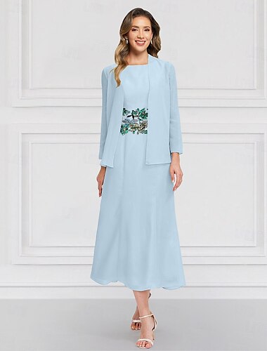  Ensembles de Robes Florales en Deux Pièces Bleus Verts Robe de Mère de la Mariée Élégante Vintage Col Rond Longueur Cheville Chiffon Manches Longues avec Broderie en Dentelle Fleur 2025