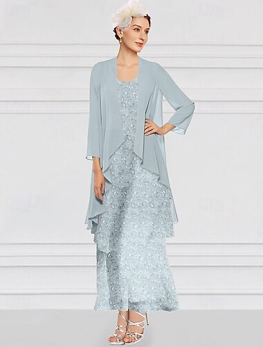  Grün Blau Spitze Blumenkleid Sets Brautmutter Kleid Elegant Vintage Rundhalsausschnitt Knöchellang Stretchstoff Langärmel Stickerei 2025