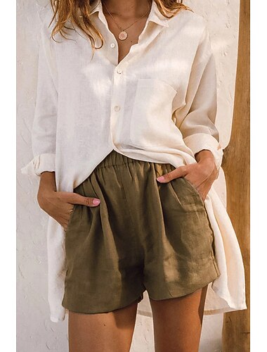  Damen Shorts aus Baumwollleinen Shorts Stoffhosen Mode Streetwear Kurz Natürliche Taille Einfach Tasche Elastischer Bund Bequem Alltagskleidung Ausgehen Schwarz Armeegrün Beige Sommer Normale Passform