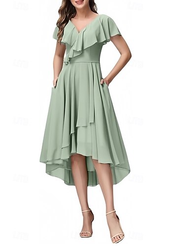  A-Linie Brautjungfernkleid V-Ausschnitt Kurzarm elegant asymmetrisch Chiffon mit Schärpe/Schleife/Rüschen/Rüschen 2025