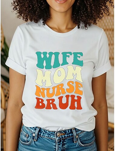  母の日 女性用 Tシャツ グラフィック レタード スタイリッシュ カジュアル 半袖 ラウンドネック レギュラートップス 日常 週末 プリント ブラック ホワイト ネイビーブルー パープル 夏 春