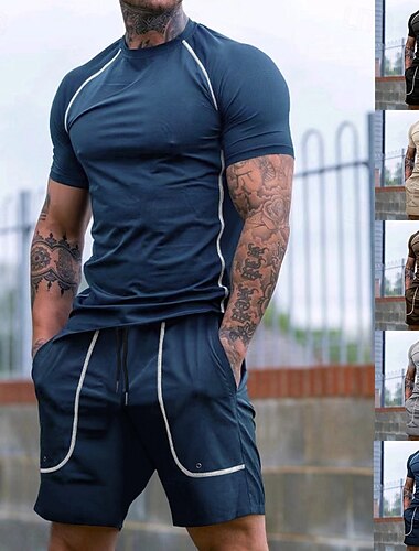  Hombre Trajes de camiseta Camiseta de tenis Conjunto de pantalones cortos y camiseta Mangas cortas Cuello Barco Verano Bloque de color Ropa de Gimnasia Casual 2 Piezas Vacaciones Ropa Cotidiana Ropa