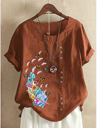  Camicetta da donna in 100% cotone con stampa a farfalla, stile vintage, casual, a maniche corte, girocollo, da indossare tutti i giorni, con bottoni, stampa bordeaux, bianco, rosa, viola, estate, primavera.