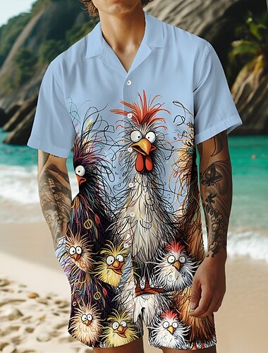  Herren Hahn 2St Hemden-Sets Sommeroberteile Kurzarm Kurze Hosen Kubanisches Halsband Urlaub Alltagstauglich Party Lässig Täglich 3D-Druck Sommer Rubinrot Weiß Gelb
