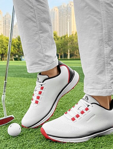  Golfsneakers för män i vitt med röda snören, andningsbar mikrofiber, idealiska för amatörgolfare