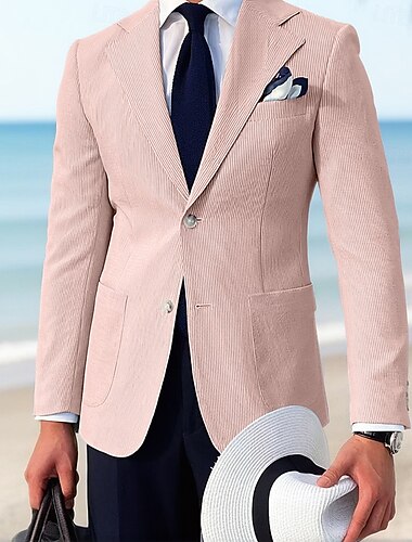  Herren Seersucker Blazer Sportmantel Sommer leichte Mode gestreift rosa himmelblau Salbei Standard Passform