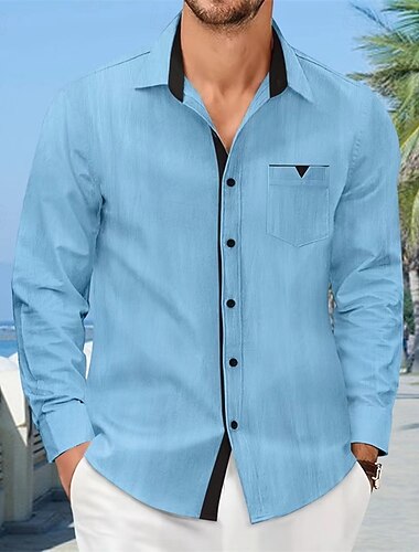  Per uomo Camicia Camicia Estiva Camicia casual Camicia da Spiaggia Camicia con Bottoni Nero Bianco Azzurro cielo Kaki Grigio Manica Lunga Semplice Bavero Vacanza Camicia hawaiana Tasca Abbigliamento