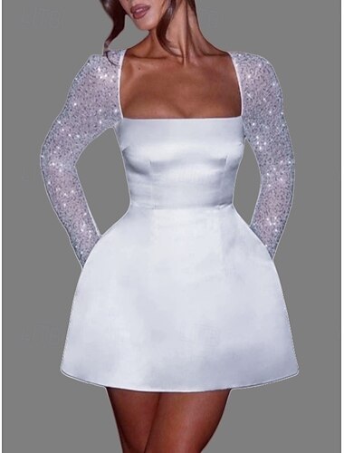  Verlobung Kleine Weiße Robe Brautdusche Kleider Hochzeitskleider A-Linie Quadratischer Ausschnitt Lange Ärmel Kurz  Mini Satin Brautkleider Mit Perlenmuster 2025