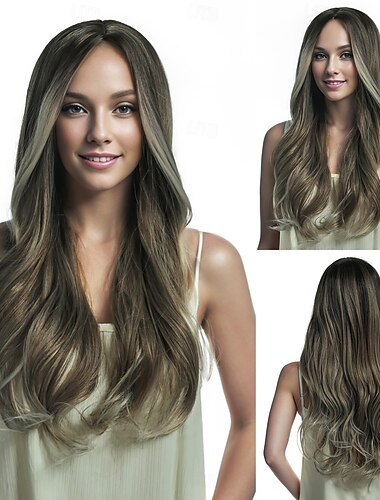  Peruki syntetyczne Body wave Falowana Fryzura cieniowana Głębokie rozstanie Tkany maszynowo Peruka 24" A1 Włosie synetyczne Damskie Przedziałek na środku Klasyczny Przejście kolorów Blond