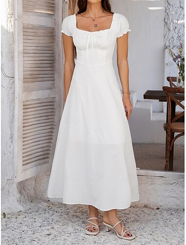  Femme robe longue robe blanche Robe casual Robe Évasée Robe d'été Mode Moderne Robe chic du quotidien Rendez-vous Fin de semaine Standard Plein Manche Courte Col Carré Noir Blanche Jaune bleu marine