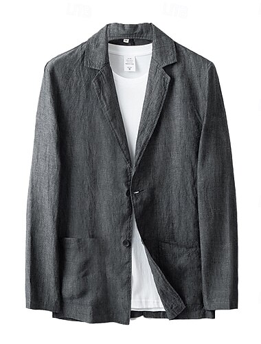  Herren-Blazer aus 100 % Leinen, Anzüge für Hochzeiten, Jahrestage, Urlaub, elegant, neutral, Frühling & Herbst, Baumwolle, Leinen, einfarbig, Knöpfe, bequem, einreihig, Zwei-Knopf-Blazer, Dunkelgrau, Marineblau