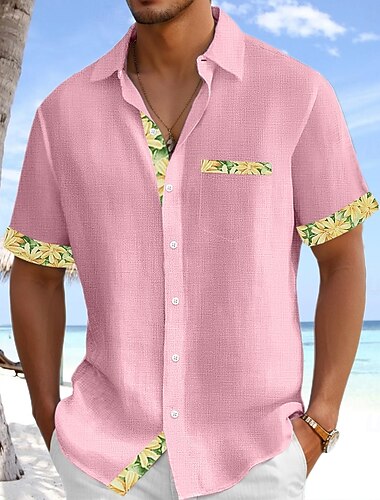  男性用 シャツ リネンシャツ サマーシャツ ビーチシャツ タックなしシャツ チェック バケーション 祝日 ライトグリーン ピンク グリーン ライトブルー 半袖 カラー 夏 衣類