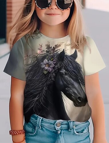  女の子 3D 馬 Tシャツ Ｔシャツ 半袖 夏 春 ファッション ベーシック 子供 4〜12年 クルーネック アウトドア カジュアル 日常 レギュラー