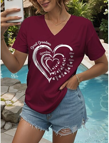  Muttertag Damen T Shirt Herz Grafik Buchstabe Lässig Kurzarm V Ausschnitt Normale Oberteile Täglich Wochenende Druck Schwarz Weiß Wein Sommer Frühling