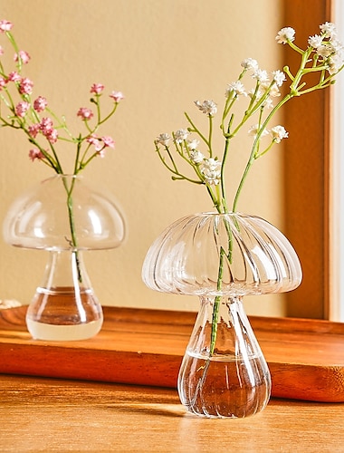  transparante glazen vaas in de vorm van een paddenstoel, een bloemstuk voor op tafel, een gezellig middelpunt voor thuis en in de eetkamer, geschikt voor bloemen, groene planten en