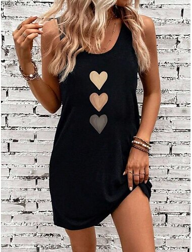  Dames Mini Jurk Zomer Jurk Vakantie Casual Strand Dagelijks Losse Pasvorm Hart Graphic Mouwloos U Hals Zwart Zomer