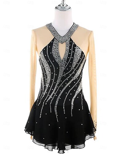  Eiskunstlaufkleid Damen Mädchen Eislaufen Kleid Schwarz Patchwork Daumenloch Netzstoff Spandex Dehnbar Training Übung Professionell Eiskunstlaufkleidung Thermowarm Kristall / Strass Langarm Eislaufen