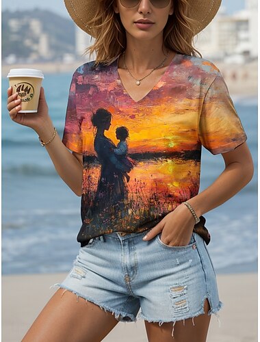  母の日 女性用 Tシャツ オンブル' お母さん グラフィック スタイリッシュ カジュアル 半袖 ラウンドネック レギュラートップス 日常 週末 プリント オレンジ 夏 春
