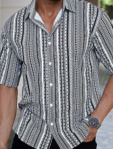  Férfi Ing Nyári póló Alkalmi ing Stranding Gombos póló Fekete Rövid ujjú Csík Állógallér Vakáció Hawaii Ruházat Poliészter Divat Alkalmi Kényelmes