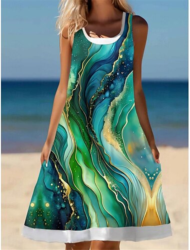  Damen Minikleid T-Shirt-Kleid Sommerkleid A Linie Kleid Urlaub Lässig Strand Ausgehen Strand Lässiger Schnitt Ombre Grafik Geometrisch Ärmellos U-Ausschnitt Königliches Blau Fuchsie Grün Sommer