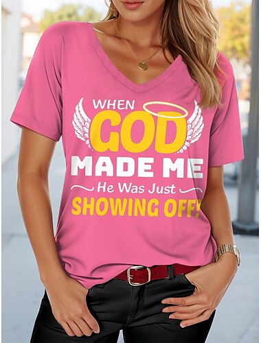  Damen T Shirt Grafik Buchstabe Lässig Kurzarm Rundhals Normale Oberteile Täglich Wochenende Druck Schwarz Rosa Blau Grün Sommer Frühling